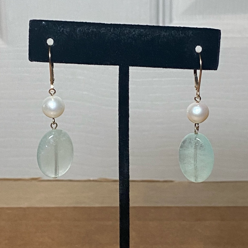 14K YG Pearl And Aquamarine Dangle Earrings